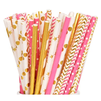 50 Pink and Gold Paper Straws, Pink Straws, Gold Straws, Princess Party Straws - Image 1 of 2