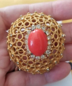Rare Vintage DeNicola Signed Dome Brooch Big MCM Coral Cab Rhinestone Statement - Picture 1 of 12