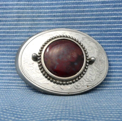 Classic Western Belt Buckle Red Gray Fire Agate Cowboy Cowgirl Vtg 70s   .GTA720 - Image 1 of 4