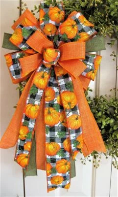 10 " FALL FARMHOUSE PUMPKIN BOW for WREATH SWAG GARLAND MAIL FENCE # 28  rb - Image 1 of 3