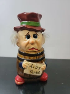 Vintage Ceramic Plaster  Bank Man in Barrel  Figurine " After Taxes " Japan 7" - Picture 1 of 7
