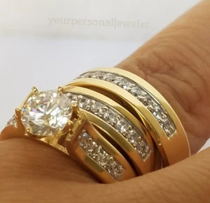 His hers round Trio 3 Pc 14K Yellow Gold Engagement Wedding Band Ring Set - Picture 1 of 11