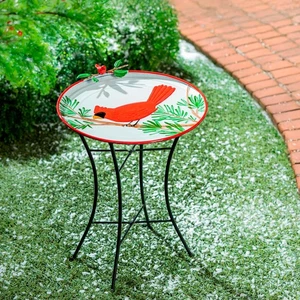 Holiday Poinsettia Birdbath, Metal Birdbath with Stand, Cardinal, 16.5" - Picture 1 of 3