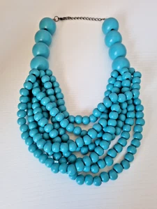 Large Chunky Turquoise Wooden Beaded Layered Seven Strand Necklace - Picture 1 of 7