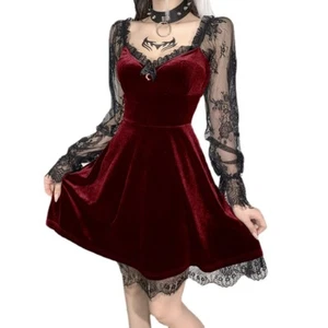 Women Lace Velvet Mini Dress Long Sleeve Ruffle Gothic Punk Steampunk Black - Picture 1 of 14