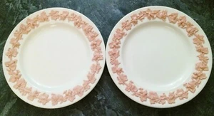 RARE! 2 PRISTINE Wedgwood Embossed Queensware 8 1/4" SALAD PLATES Pink On Cream - Picture 1 of 6