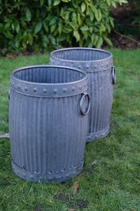 Large Zinc Barrel Galvanised Dolly Tubs Planter Bucket Garden Flowers Set of 2 - Picture 1 of 16