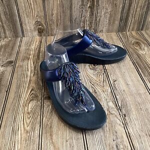 FitFlop Womens Cha Cha Fringe Thong Sandals Metallic Blue Fringe Tassels Size 9