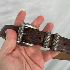 Cinturón de cuero marrón Brighton boho vintage años 90 patrón piel de serpiente tono peltre M - Imagen 1 de 11