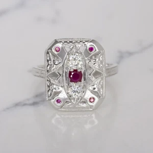 ANILLO DE CÓCTEL DE DIAMANTES RUBÍ ESTILO DE COLECCIÓN ESTILO ART DECO ORO BLANCO NATURAL 14K - Imagen 1 de 2