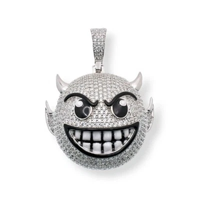 Sterling Silver Devil Emoji Black Enamel Hip Hop Pendant with CZ Stones - Image 1 of 2