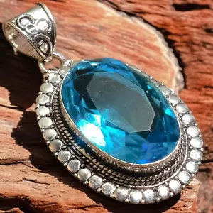 Swiss Blue Topaz Gemstone Pendant 925 Sterling Silver Handmade Jewelry Size- 2.2 - Picture 1 of 8