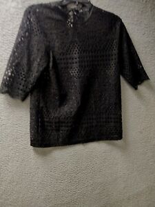 Zara Lace Overlay Womens Shirt Large Black Short Sleeve Pullover Blouse Top 0343