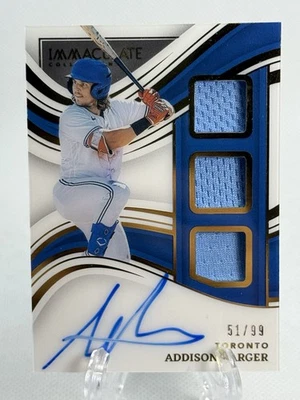 2023  Immaculate - Triple Memorabilia Signatures Addison Barger /99 Blue Jays - Image 1 of 2