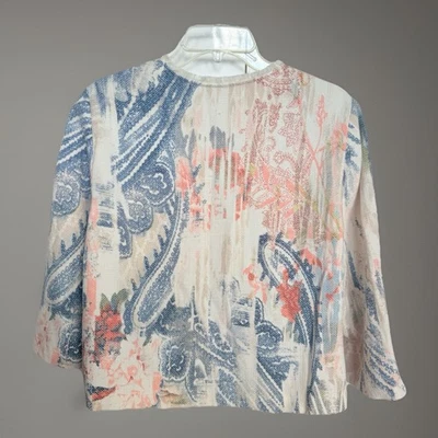 Chicos Womens Open Front Jacket Size 2 US L Paisley Short 3/4 Sleeve Art to Wear - Image 1 of 4