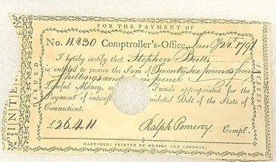 1791 State of Connecticut - Pay to Stephen Butts 26 Pound, 4 Shillings, 11 Pence - Image 1 of 3