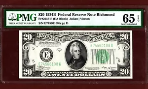 1934 B💲20 FED RESERVE RICHMOND 🔑VINSON KEY NOTE 🔑 Fr2056-E GEM 65 - Picture 1 of 4