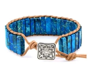 Armband Leder handgefertigt tibetischer Stil Chakra und Natur, Steine blau - Bild 1 von 2