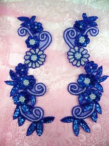 0183 Sequin Appliques Blue Holographic Floral Beaded AB Mirror Pair Patch 10" - Picture 1 of 1