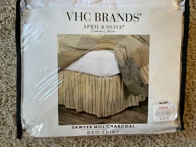 SAWYER MILL Charcoal King Bed Skirt Creme/Charcoal Stripes 16" Drop cotton NWT - Image 1 of 4