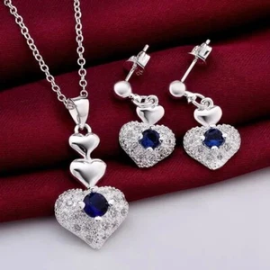 blue crystal heart 925 sterling Silver pendant necklace earring Jewelry sets - Picture 1 of 7