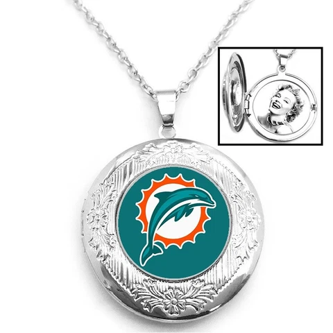 Miami Dolphins Womens 925 Silver 20" Link Chain Necklace And Photo Locket D16 Cover