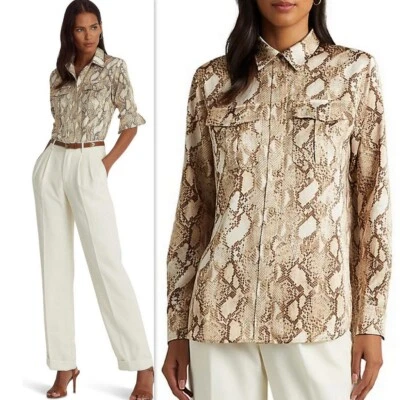 NUEVO CON ETIQUETAS LAUREN Ralph Lauren Camisa Charmeuse Estampado Piel de Serpiente con Bolsillos S/M/L/XL $155 Foto 1 de 4