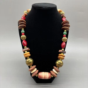 Tribal Style Statement Necklace Brass Bone Horn Wood Stone Beads 1970s Boho - Picture 1 of 17