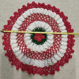 Vintage Dresser Scarf Doily Handmade Crochet Hot Bright Pink Green 11” - Picture 1 of 14