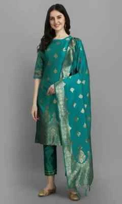 Conjunto Kurta Reto Mescla de Seda Indiana Feminino Designer Kurti Calça Conjunto Dupatta Vestido - Imagem 1 de 4