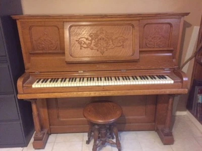 Antique 1894 Upright Kimball Piano  and stool- Mission Oak with Carved Detail  - Image 1 of 4