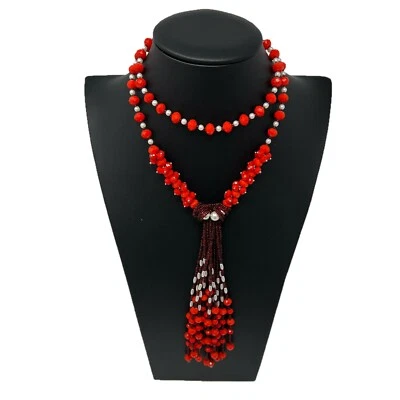Collana Lunga Perline Donna Frange Elegante Modello Classico Brillante Rosso - Immagine 1 di 2