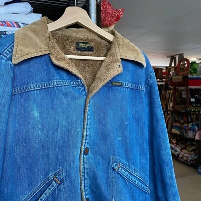 1970s Vintage WRANGLER Retro Western Brown Fleece Lined Blue Denim Jacket Barn Foto 1 de 4