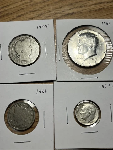 old coin lot: 1905 Barber 25c, 66' 50c, 1906 5c and 1959D dime Cover