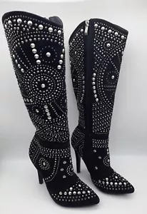 Venus Women High Heel Silver Studded Rivet Pointy Toe Black Suede Boots Size 6 - Picture 1 of 13