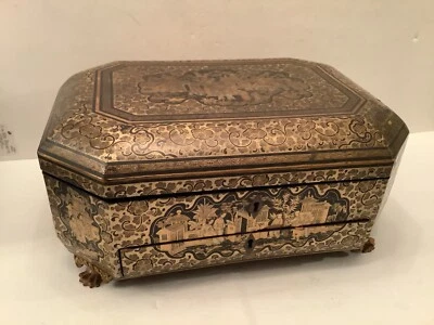 19Th C. Large Chinese Export Sewing Box/regency gilded black lacquer.15”X10”X7”. - Image 1 of 4