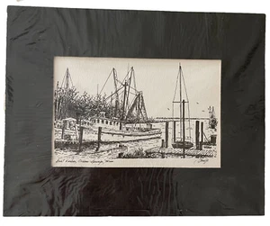 VTG Signed Original Ink on Paper Sketch Drawing Boat Harbor Ocean Springs Miss - Picture 1 of 9
