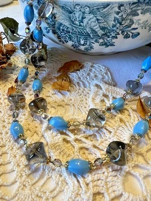 Collier ancien 2 rangs perles en chute pâte de verre cristal bohême scellé bleu - Photo 1/4