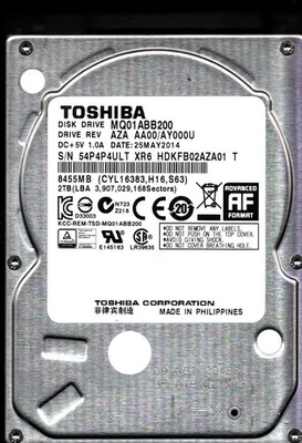 MQ01ABB200 HDKFB02AZA01 T REV: AZA AA00/AY000U 2 TB MAYO 2014 FILIPINAS TOSHIBA Foto 1 de 3