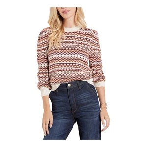 Evereve Haylo Fair Isle Pullover Sweater Size XL Puff Sleeve Cream Brown NWT - Picture 1 of 9