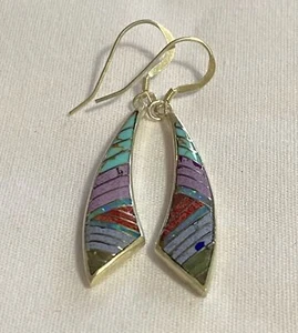 SS 925 Delicate Inlay of Multi Stones Turquoise, Opal Coral Pierced Earrings - Picture 1 of 10