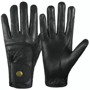 Kids Childrens Equestrian Horse Riding Gloves Genuine Real Leather Black Button - Picture 1 of 5