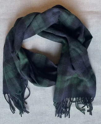 Amicale 100% Merino Wool Scarf Blue & Green Plaid w/ Fringe 12" x 60" - Image 1 of 4