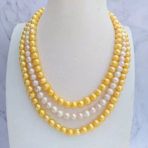Triple Strands 7-8mm White & Yellow South Sea Pearl Necklace 18" -20" 14k Gold P - Picture 1 of 8