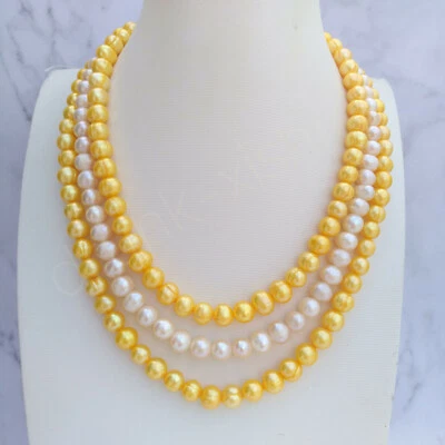 Triple Strands 7-8mm White & Yellow South Sea Pearl Necklace 18" -20" 14k Gold P - Image 1 of 4