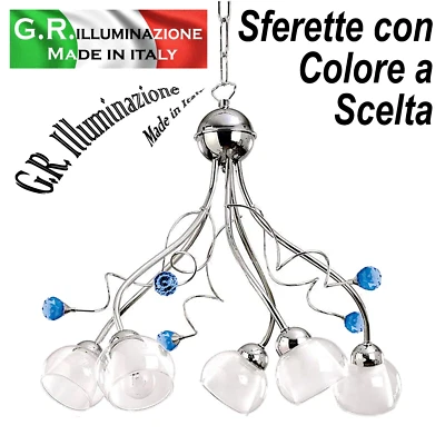LAMPADARIO MODERNO CROMATO 5 LUCI SOSPENSIONE CROMO CRISTALLO SALA DA PRANZO Sun - Immagine 1 di 4