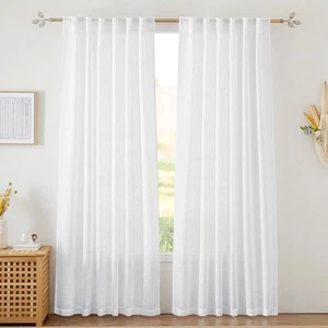 White Sheer Curtains Linen Texture Window Panels, Semi Sheer Light Filetring ... - Picture 1 of 7
