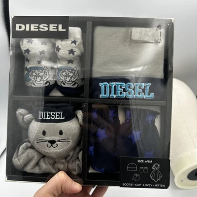 Diesel Baby 4 Piece Gift Set Unisex 0-6M Gray Blue Booties Cap Lovey Mittens - Image 1 of 4