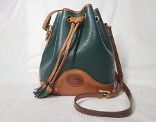 Vtg 90s Dooney & Bourke Drawstring Bucket Bag Green Brown Pebble Leather Retro