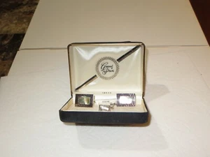 Vintage Grand Prix SWANK Genuine Mother of Pearl Cufflinks & Tie Pin Set,  NEW - Picture 1 of 4